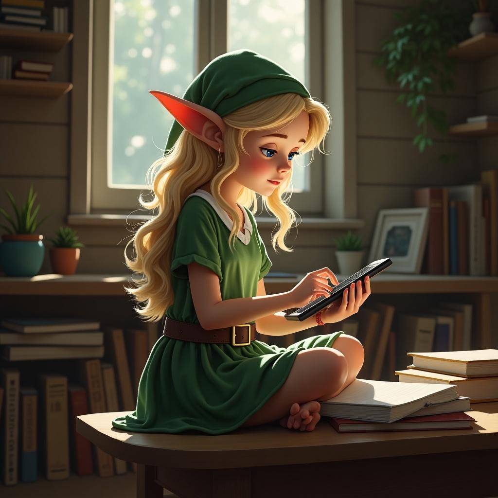 Elf girl sits on a table surrounded by books. She gazes at a tablet screen. Natural light shines through a window. Her long hair flows and pointy ears are visible. A cozy room setting enhances the scene.