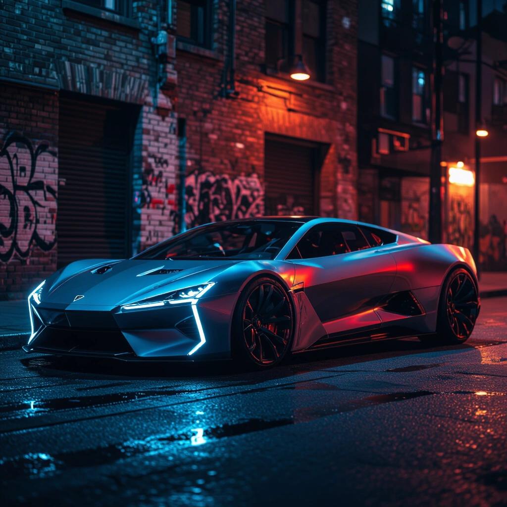 A parked futuristic dual tone concept car in a dark urban environment. Car has an angular design with a silver and blue color scheme. Night scene with neon lighting and street art in the background.
