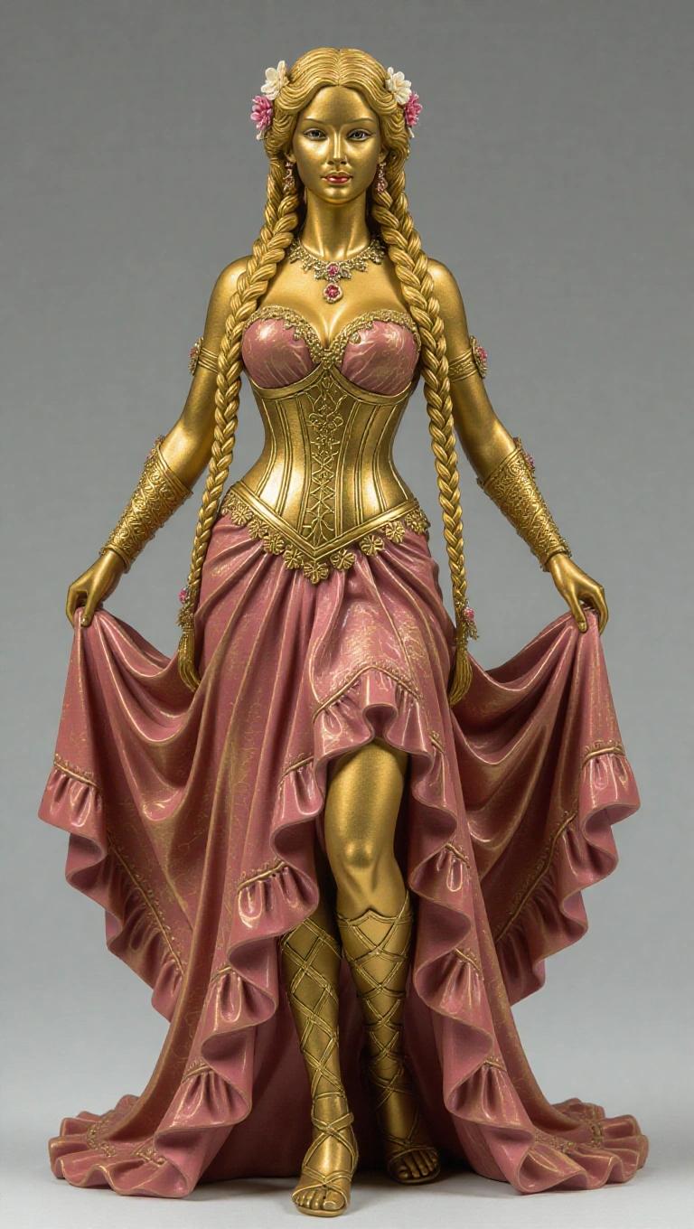 Resin statue of a goddess inspired by Virgo. Sensual and majestic woman with golden skin and long braided hair decorated with flowers. Stands in queenly pose with back straight and chin raised. Wears dusty rose and gold dress with ruffles and floral details. Expression conveys purity and strength. Base adorned with flowers and marble.