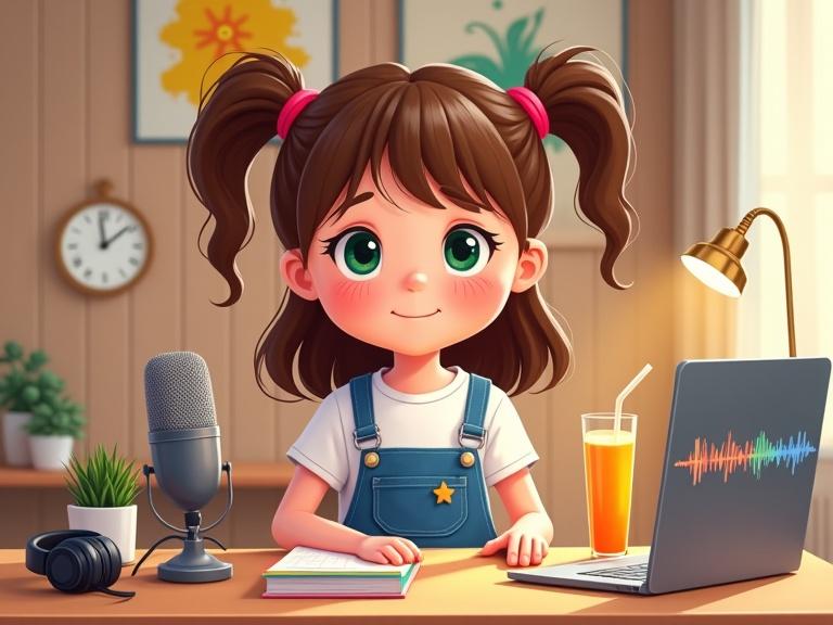 Cartoon illustration of a young girl recording a podcast in a cozy studio. She has shoulder-length brown hair in pigtails with red ties. The desk has a microphone, laptop, headphones, and orange juice. Background features wooden walls and abstract art. The girl smiles warmly at the viewer.