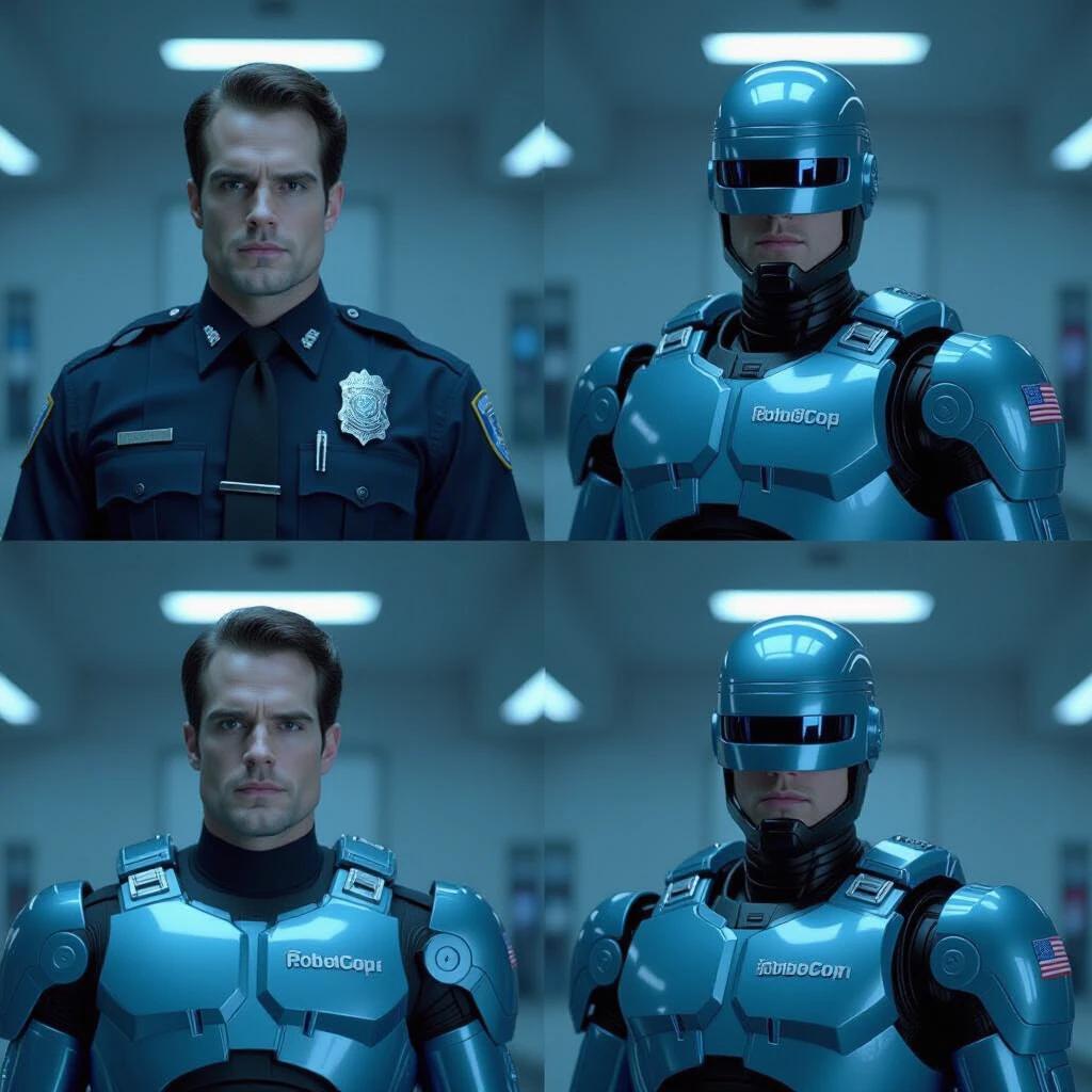 Multiple images depict the evolution of a police officer as he transforms into RoboCop. Each image illustrates a different step in this transition. Live action photography emphasizes the advanced technology involved in the process. The top images show the officer in his police uniform while the bottom images reveal the robotic aspects of RoboCop.