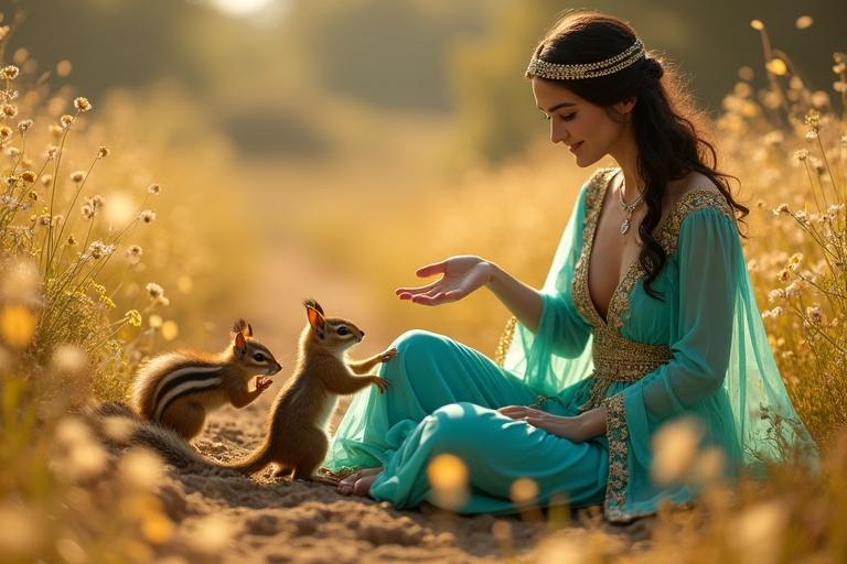 A serene scene in a sunlit grassland features an Arabian princess in turquoise attire. She gently interacts with two squirrels, showcasing trust. The atmosphere is dreamy, filled with wildflowers and a gentle breeze. Hair gently lifted by the wind, her ornate headpiece glimmers. The scene captures warmth and tenderness.