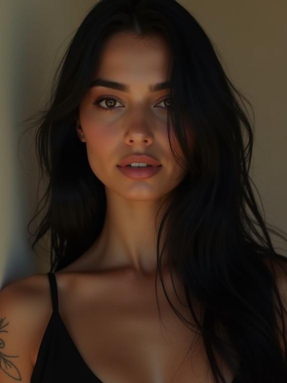 Capture a beautiful Middle Eastern woman in her mid twenties. Smooth pale olive skin. Symmetrical features with sharp cheekbones. Strong narrow jawline. Full natural dark-tinted lips. Straight elegant nose. Large deep-set eyes with golden hints. Thick well-shaped eyebrows. Long jet-black hair reaching the small of her back. Athletic build with perfect posture. Elegant long-fingered hands. Faint ancient sigils on collarbones and arms.