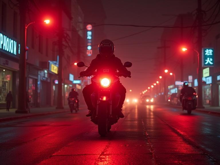 Vibrant Tron-inspired street scene at night with motorbike illuminated by red light. Urban environment features shops with neon signs. Dimly lit atmosphere enhances the adrenaline of nighttime rides.