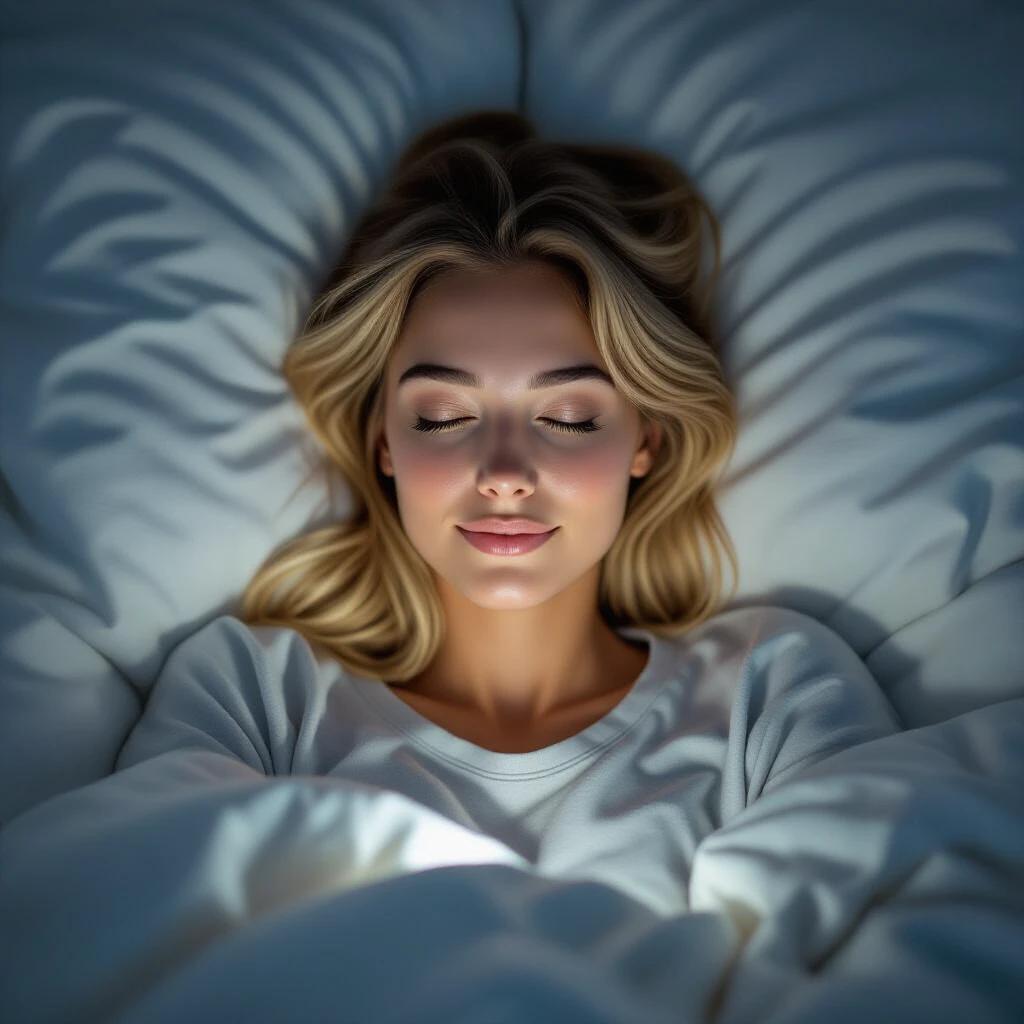 Photo-realistic image of a young woman lying in bed at night. She has golden blonde hair partly on the pillow. Face illuminated softly by a phone flash. Eyes are gently closed. She makes a playful kissy face. Wearing a simple light T-shirt. Partially covered by a blanket. Dark room atmosphere feels cozy and intimate.