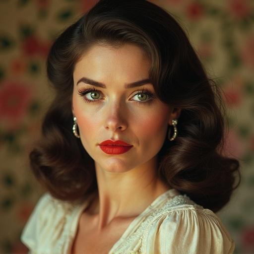 Portrait of a brunette women with a vintage pin-up style. She has big round eyes. She is wearing long diamond earrings and has red lips. The background is floral wallpaper. The image style reflects the 1970's realism. The woman has a chubby figure with facial wrinkles. Her hair is styled in long waves. She gazes intensely at the camera.