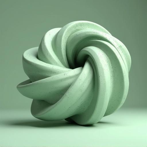 3D mathematical object representing particle and wave equations. Matte light green color. Soft lighting. Set on the floor. Complicated swirl design.