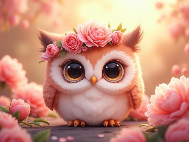 A very cute owl with a floral wreath made of peony flowers. The owl has large crystalline eyes and a fluffy round body. Background is a sunny garden filled with blooming flowers. The artwork is in chibi style, ultra-detailed, and aesthetically pleasing.