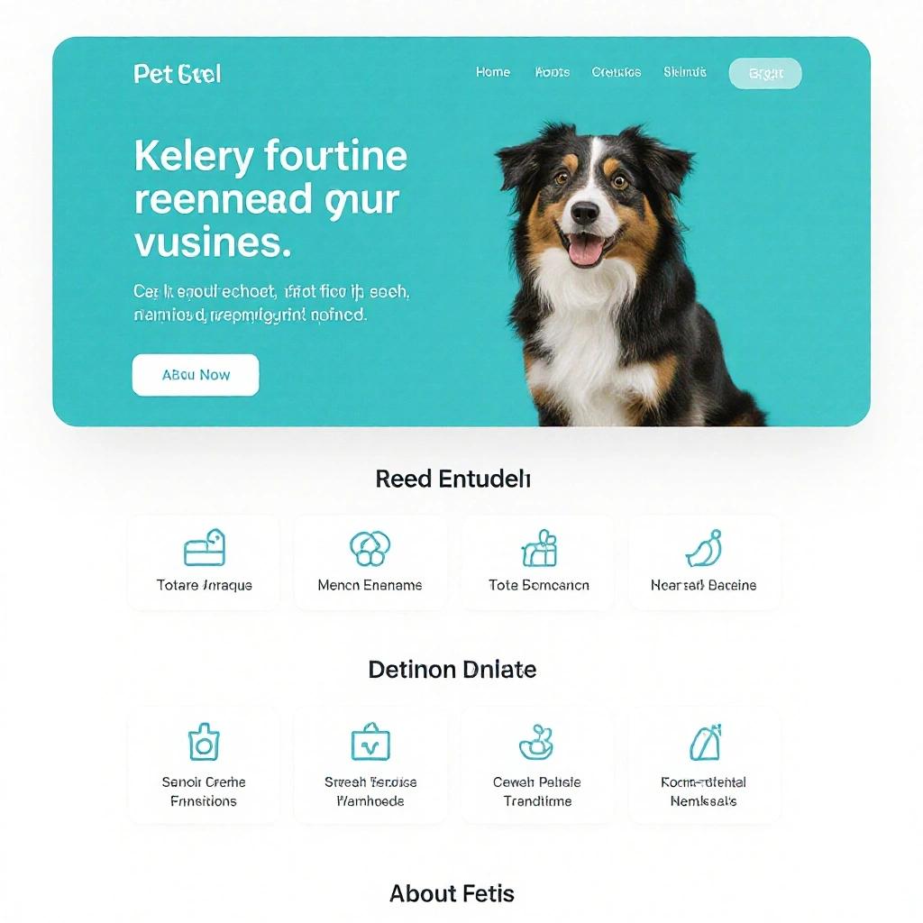 Design features a pet e-commerce landing page. The banner showcases a dog on a teal background. Includes navigation links like Home, About, and Contact. Sections for main services and about the company are outlined below. Uses modern typography and icons.