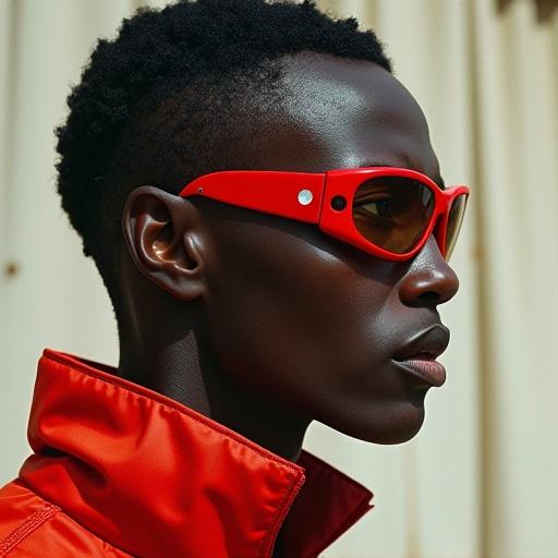 Portrait of a person wearing orange jacket and stylish sunglasses against a natural backdrop. Captures a confident look and trendy style with bright colors.