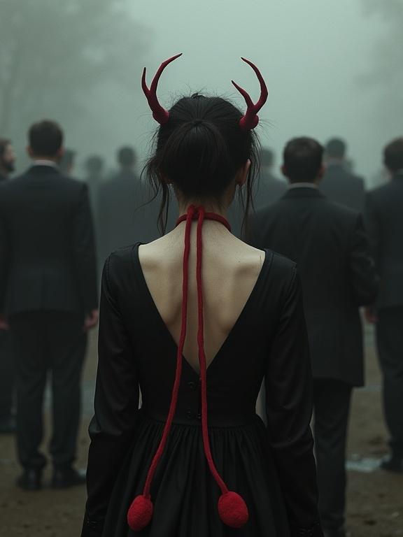 Portrait of girl viewed from behind wearing horns and red strings. Anonymous crowd in suits stands in fog. Dark and surreal composition. Evokes feelings of loss and confusion. Meticulously arranged elements create tension. Art style blends photorealism and conceptual art.