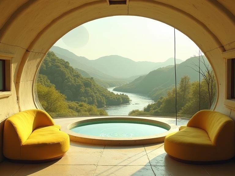 Futuristic dome-shaped room with large curved window. Offers view of lush green landscape with winding river. Furnished with two yellow couches. Features circular light-colored pool or hot tub. Illuminated by natural light creating warm atmosphere. Landscape includes green and brown with large celestial body visible. Interior is beige with curved ceiling.