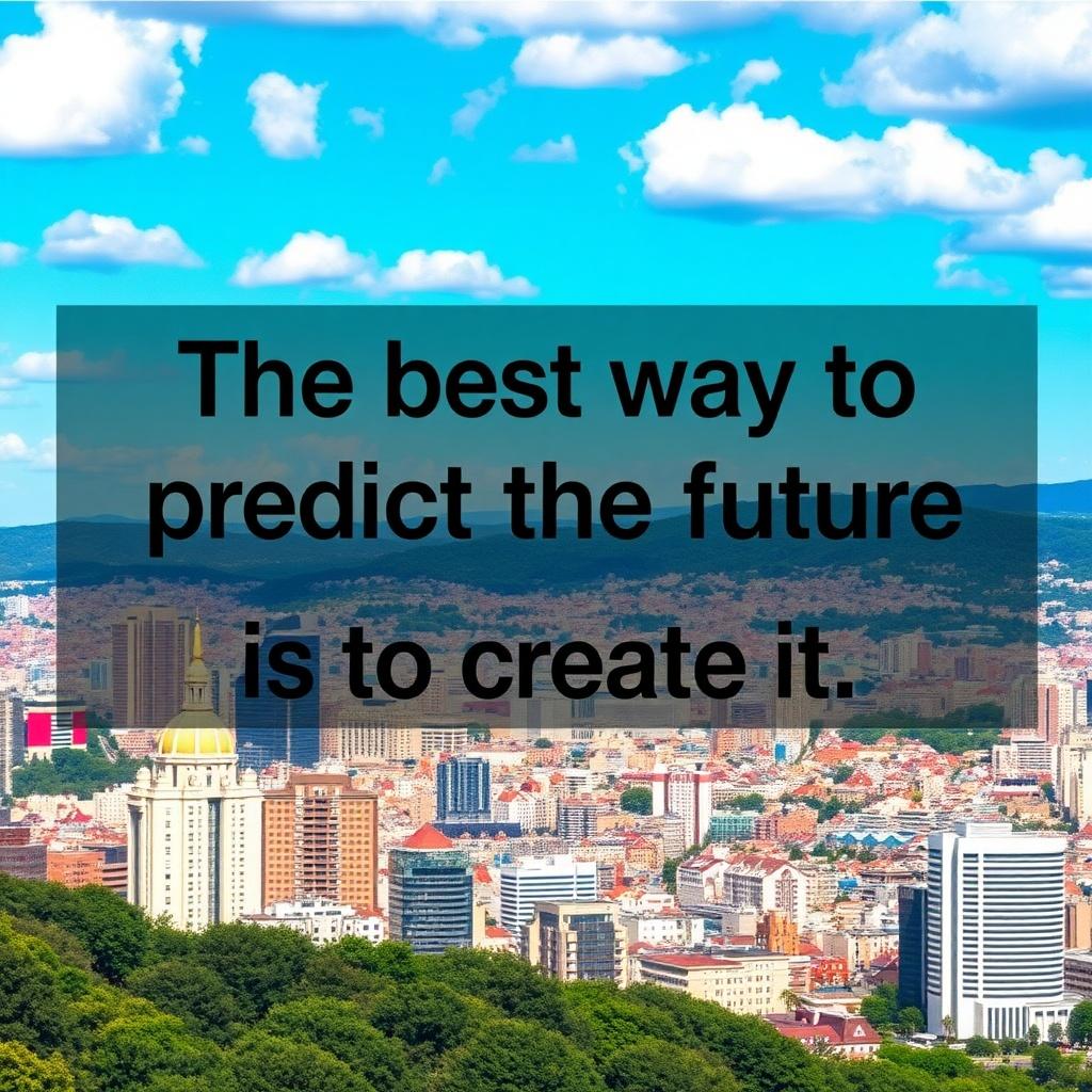 A motivational quote 'The best way to predict the future is to create it.' overlaid on a vibrant cityscape with a clear blue sky.