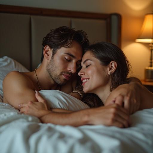 A romantic scene of a couple in bed sharing an intimate moment. Young man with dark hair and light skin embraces a young woman with long dark hair. They appear relaxed and happy. Soft light illuminates the atmosphere, creating a cozy vibe.
