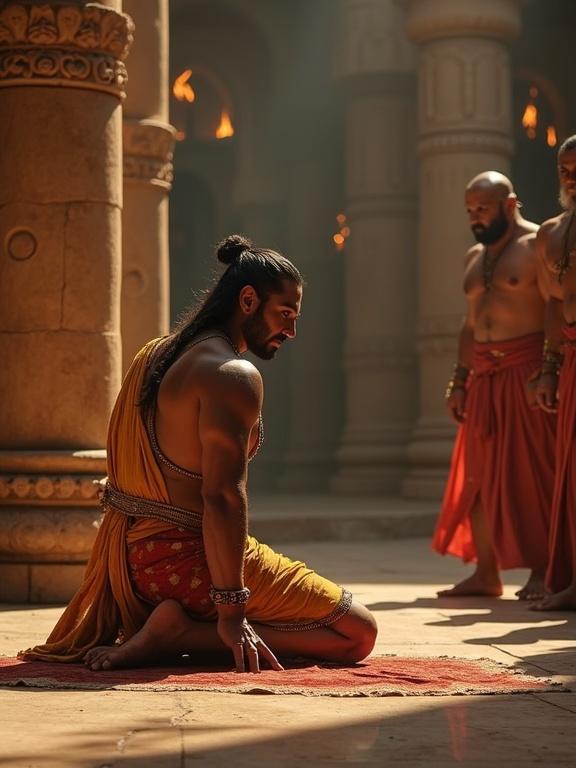 Drupada kneeling in torn royal garments. Hands tied. Dronacharya standing calm but stern. Pandavas nearby with serious expressions. Grand court with burning torches and ancient pillars with Sanskrit carvings. Focused lighting on Drupada’s face showing defeat. Emotional mythological scene in warm tones.