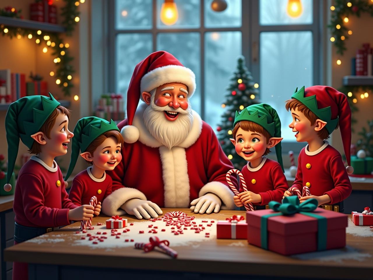 A joyful Christmas scene inside a workshop. Santa Claus is surrounded by cheerful elves, all smiling and engaged in festive activities. The elves are wearing green hats and red outfits, while Santa is dressed in his classic red suit. Brightly wrapped presents are scattered around the table, adding to the holiday spirit. Candy canes and colorful ornaments decorate the scene, with snow visible through the cheerful window.