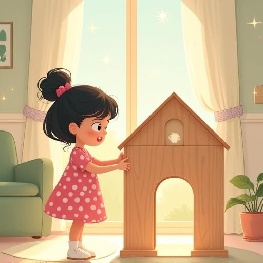 Flat-style illustration depicting a young girl placing a pillar in a small wooden house. The character has a ponytail and wears a pink polka-dot dress. The background shows a cozy room with a soft chair, curtains, and a potted plant, creating a dreamy atmosphere. The scene is filled with warm light and gentle glowing elements, evoking a sense of heartfelt peace and clarity.