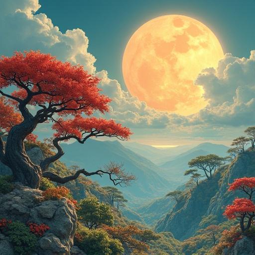 A serene fantasy landscape featuring a large full moon against a colorful sky. Vibrant autumn trees grow along a mountain range, creating a tranquil scene. The moon casts a gentle glow over the hills and valleys, giving a peaceful ambiance.
