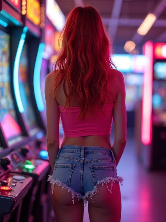 A youthful woman has red hair. She enjoys an arcade game. She wears a crop top and high-cut denim shorts. The arcade is bustling with vivid neon effects. The image has bright, unnatural colors and soft edges.