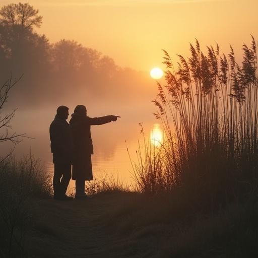 A tranquil lakeside scene at golden hour. Tall reeds swaying in the breeze. Two dark human silhouettes whispering in the foreground. One silhouette pointing towards the reeds. Soft mist over calm water. Cinematic soft lighting. Hyperrealistic details. Poetic and mysterious atmosphere. Natural color palette.