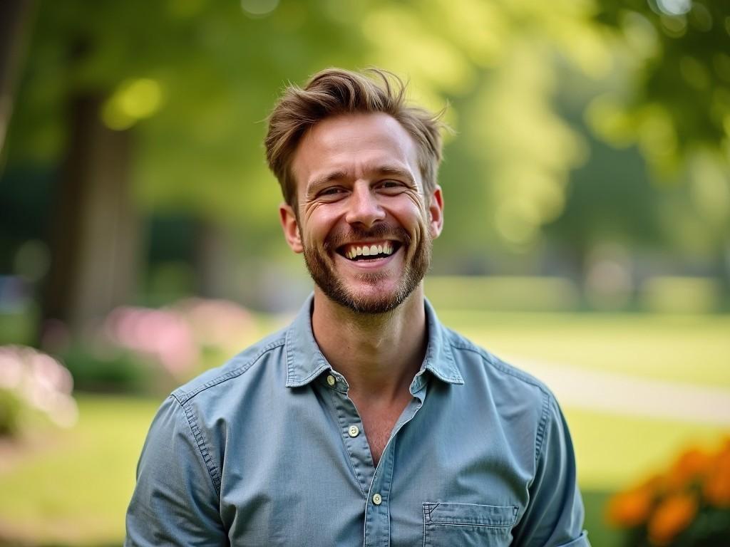 A happy man is smiling brightly in a beautiful outdoor setting. He has short, styled hair and a well-maintained beard. The background is filled with greenery and soft flower colors, giving a warm and inviting atmosphere. This scene exudes joy and positivity, making it suitable for various lifestyle and wellness concepts. The sunlight casts a gentle glow on his face, enhancing the cheerful expression.