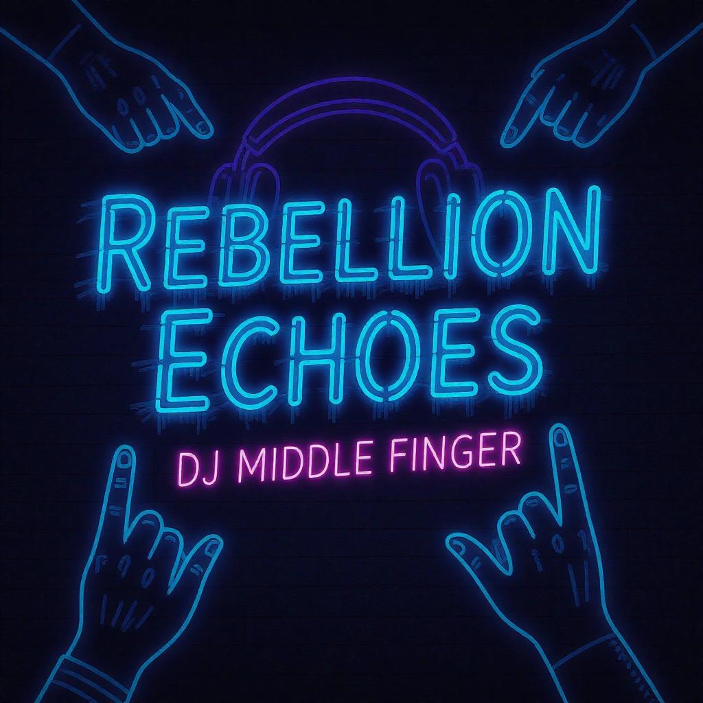 Dark artistic neon tech hip hop album cover featuring glowing text