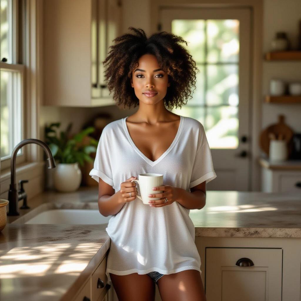 A full body portrait of a black woman standing barefoot. She wears an oversized transparent t-shirt with a v-neck. The woman holds a white ceramic mug. She is positioned to the right of a stone kitchen counter. Soft golden sunlight streams through the window emphasizing textures. A closed door and cabinetry are in the background. The expression is calm and direct eye contact is made.