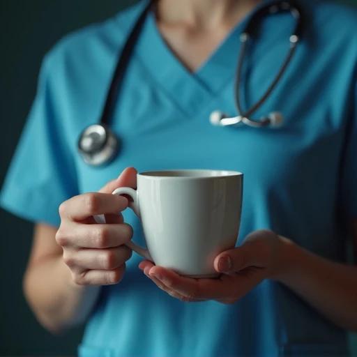 Nurse holds coffee cup. Soft-focus background. Stethoscope around neck. Coffee cup rests on charts. Dark green backdrop. Night shift setting.