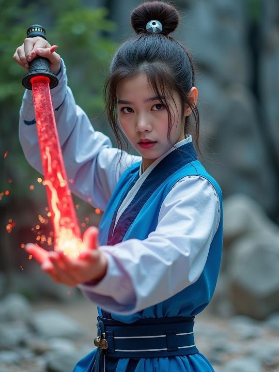 Young woman in blue and white martial arts uniform poses with glowing red sword. Sword emits red energy and sparks. Rocky outdoor setting with green foliage and large rocks. Hair in bun with hair ornament. Defensive stance with sword in one hand and other hand raised in spell-casting gesture. Atmosphere of action and magic with Wuxia or Xianxia inspiration. Dramatic lighting on glowing sword and determined expression.