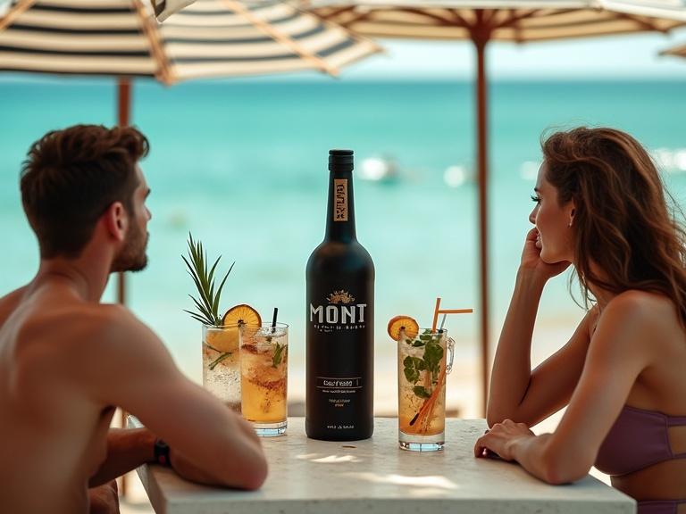 Chic beachside bar scene featuring young fashionable people seated under striped umbrellas. Black bottle of Mont vodka served with artisan cocktails. Turquoise sea glistens in background.