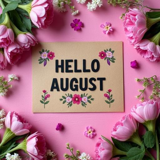 A rectangular piece of light brown kraft paper with the text 'HELLO AUGUST' in bold black letters. The card features floral illustrations in shades of pink, purple, and white. The background is a vibrant pink surface that contrasts with the kraft paper. The arrangement is surrounded by lush pink flowers and clusters of small white and pink blooms, with green filler flowers and leaves. The lighting is bright and even.