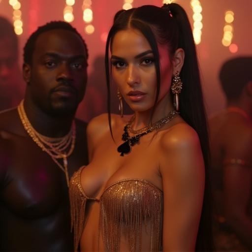 Scene in a vibrant nightclub featuring a couple dancing. Woman has pale skin and long brown twintails. She's wearing a stylish gold fringe bikini and high heels. The man is a larger black rapper. They are close together. The atmosphere is energetic with a crowd around them. Focus on the couple and their connection amid the nightlife.