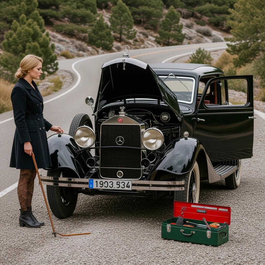Captured on a winding road a vintage 1928 Mercedes Sportwagen is stalled. The hood is open revealing the engine with steam rising from the radiator. A woman dressed in vintage clothing stands nearby on gravel holding a cane. An open toolbox is placed on the ground. The scene showcases the beauty of classic automobiles beside the natural landscape.