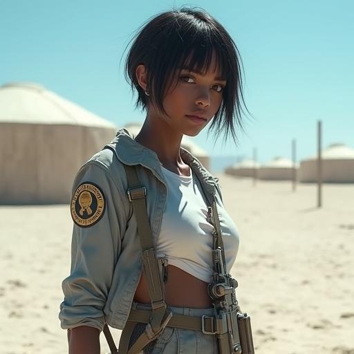 Close up image of a petite black female soldier. She wears a grey short jacket with military insignia. Beneath the jacket, she has a white t-shirt. Her grey pants and boots complement the tactical look. She carries a gun with a strap. The background shows a white desert with obstacles and tents. The scene is sunny with a blue sky.