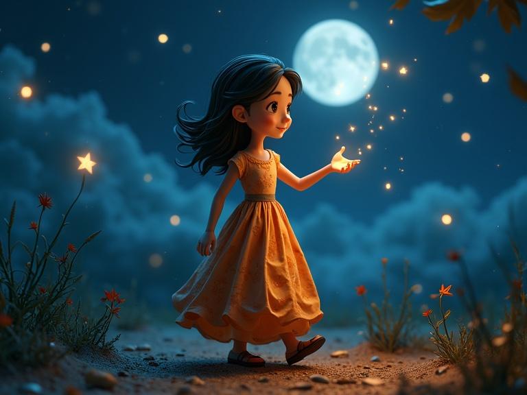 A girl walks under a night sky. She tries to catch falling stars. Surrounded by flowers and softly glowing stars. A full moon illuminates the scene. The girl's dress is textured and colorful. The art is inspired by bohemian themes. The colors are dramatic and metallic. A whimsical atmosphere is present. The view is panoramic and captures the beauty of the night.