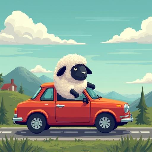Sheep character sits in an orange car driving down a road. Landscape includes green hills and mountains under a blue sky with clouds. Pixel art style with cartoonish features.