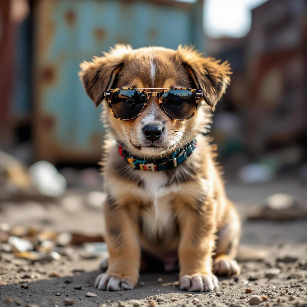 Raw photo of a puppy in a junkyard wearing sunglasses. The puppy poses cutely. Background shows blurred junkyard elements.