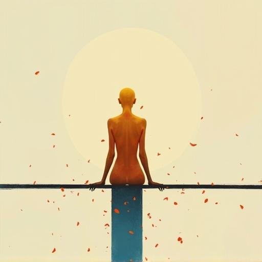 Silhouette of a neutral bald figure in profile with one fill color. Figure has an orange, blue, and yellow body. Figure is tall and thin. Figure sits on a tall bar. Petals falling around. Dreamlike minimalist composition with abstract forms.