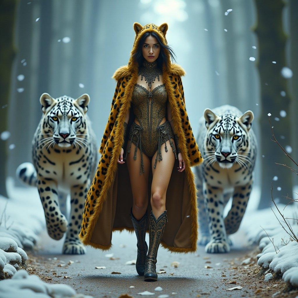 A leopard-human character walks confidently beside a snow leopard in a snowy forest. The character wears a leopard-patterned outfit with a flowing cape. The snow leopard has icy blue eyes. The scene conveys a magical atmosphere of tension and primal competition.