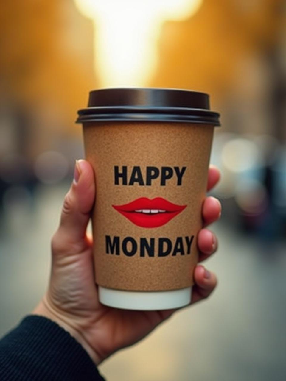 A hand holds a disposable coffee cup with a lid. The cup has 'HAPPY MONDAY' and red smiling lips. Background is blurred with warm yellow tones. Image conveys a positive start to the week with coffee.