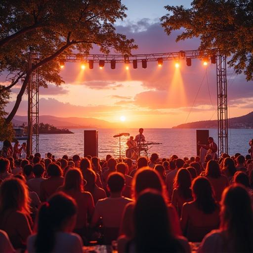 Live music event at a harbor with a sunset backdrop. Audience enjoys a concert. Stage is illuminated. Title on the banner is 'SUMMER LIVE 2025'.