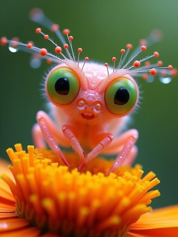 A small, rounded creature with pastel pink body, bulging green eyes, and long antennae sits on an orange-yellow flower against a blurred green background. The body appears jelly-like and translucent, adding a magical touch. Dew droplets accentuate its features, evoking a whimsical fantasy feel.