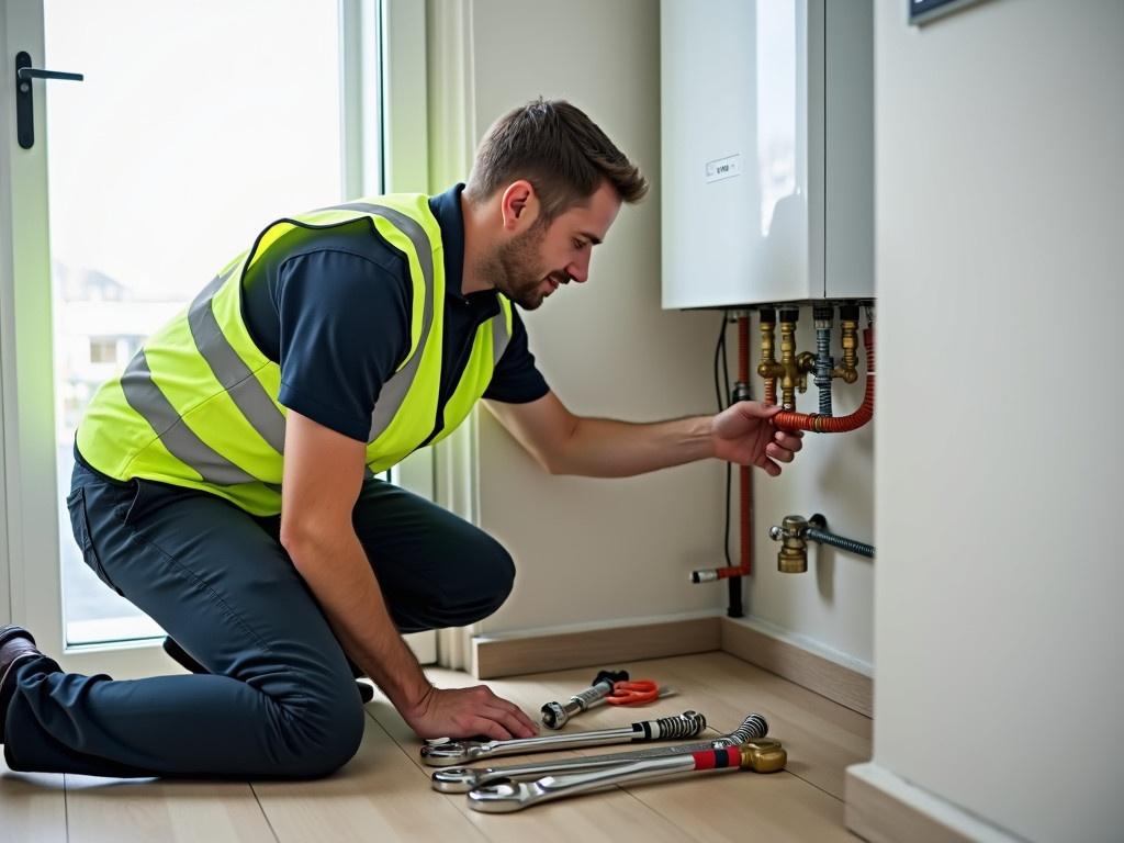 The image shows a male technician working on plumbing in an indoor setting. He is kneeling on the floor, focusing on some piping connected to a boiler mounted on the wall. The worker wears a bright yellow safety vest over a dark shirt, indicating he is on a job site. Various tools such as wrenches are laid out neatly on the floor beside him, indicating he is likely working on a repair or installation. The environment appears to be a clean, well-lit space, typical of a residential or commercial building.