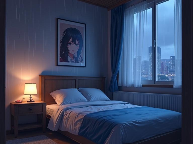 Visual novel style bedroom featuring a bed with a blue blanket and a wooden nightstand. A poster of an android girl is on the wall. A rainy evening view is visible outside the window with city lights in the background.