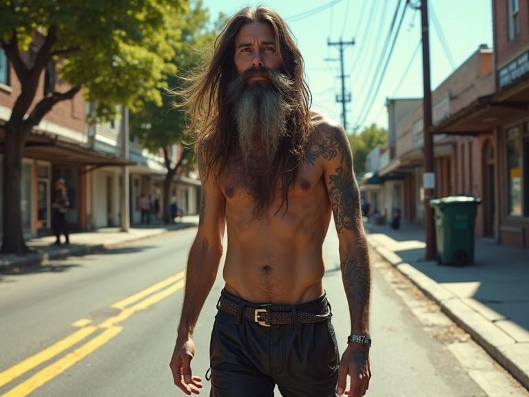 Realistic depiction of a rough-looking male hippie with a long beard and hair. The man is shirtless and wears black leather pants. The background shows a dirty city with shops, streets marked by yellow lines, trees, and a trash can. Power lines and shadows add depth to the scene. The atmosphere is sunny with various urban textures present.