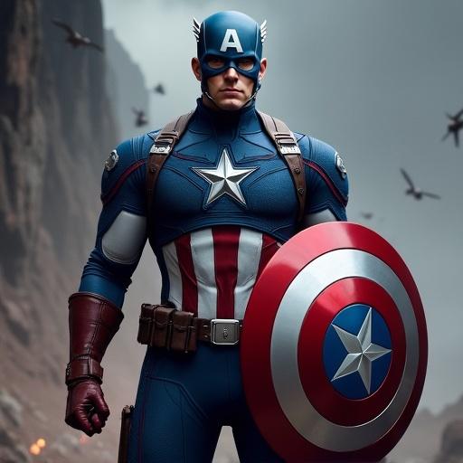 Captain America stands poised in a dramatic space setting. The character wears his iconic costume with red white and blue colors. He holds a round shield emblazoned with a star. The background features a cosmic landscape with subtle textures.