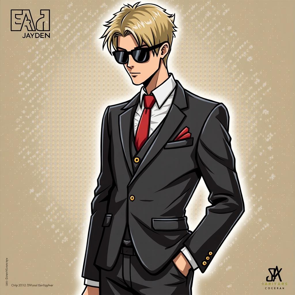 Anime character in a formal suit. Character features blonde hair and red tie. Artistic illustration with bright colors. Suitable for character branding or promotional use.