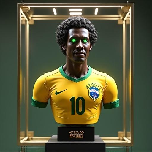 Photorealistic cybernetic bust of Pelé. Displayed in acrylic case. Warm smile, realistic textures. Features chrome jaw, glowing pupils. Worn retro Brazil jersey. Soft lighting from multiple angles. Engraved pedestal with text. Daylight diffusing shadows.