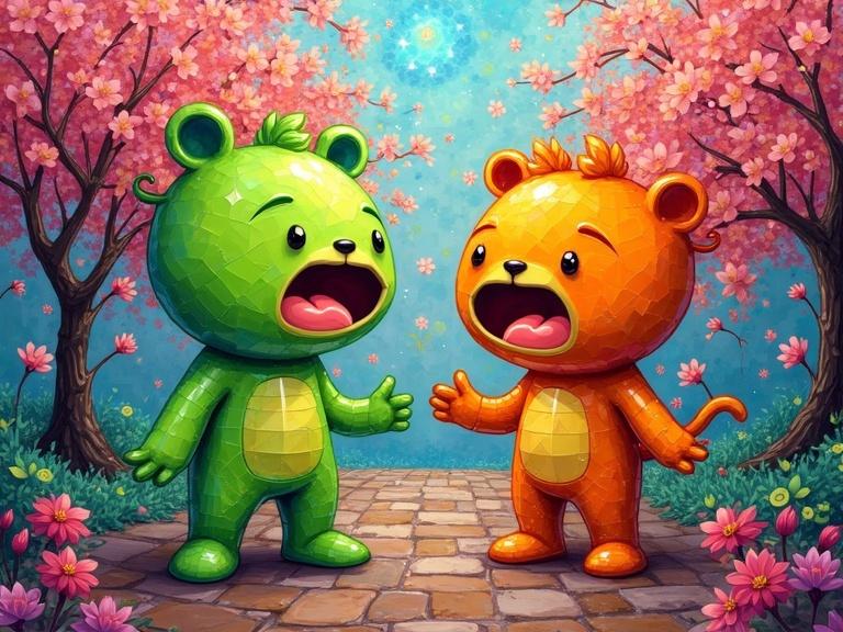 Brightly colored children's park scene featuring chibi-style characters in vibrant neon hues. One character is a lime green bear and the other is an orange lion, both expressing joyful surprise in an animated manner.