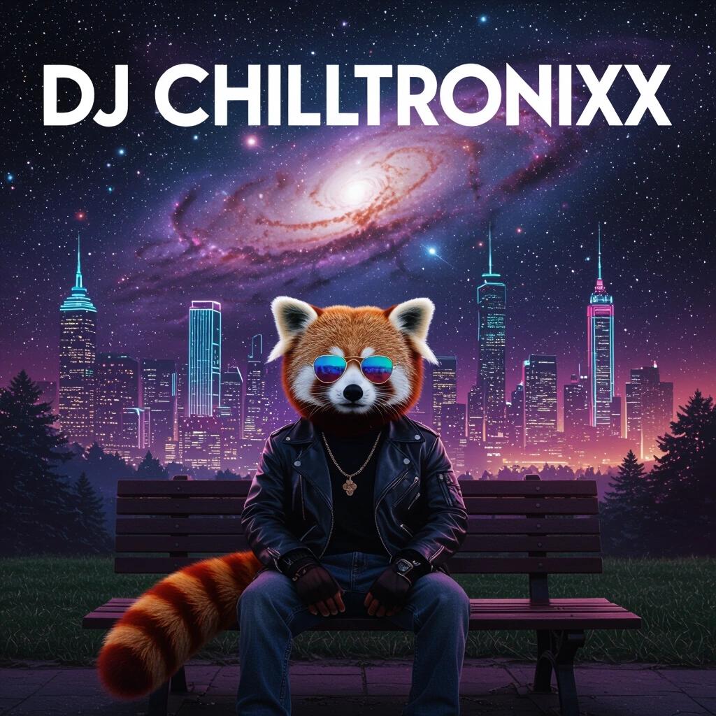 A cute red panda person in stylish clothes and sunglasses sits on a park bench. Captivating nebula sky is above. Wild neon megacity in the background. Artistic album cover features DJ Chilltronixx.
